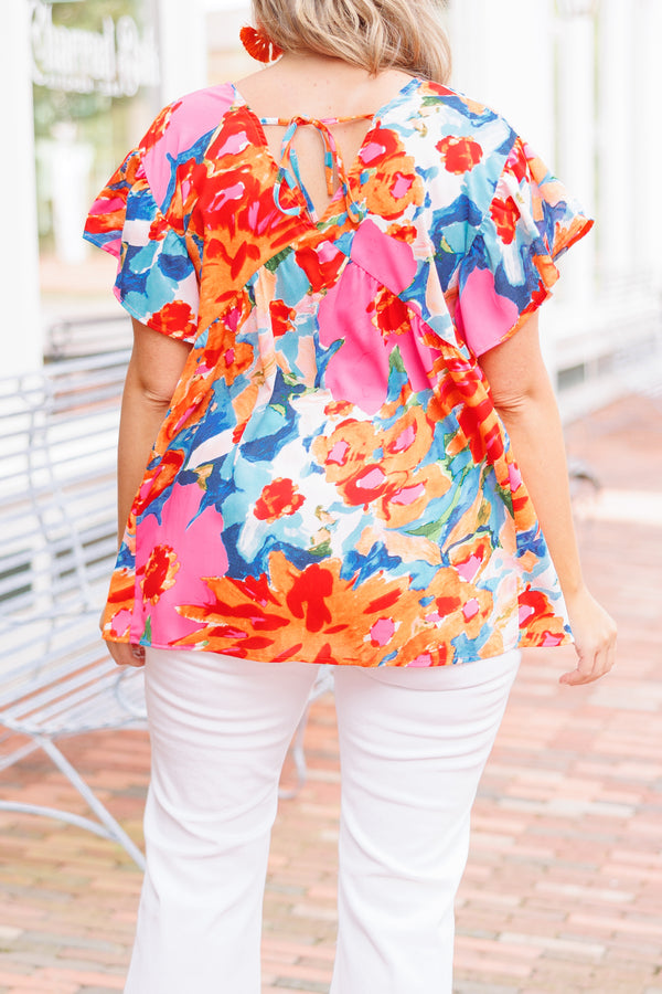 Chic Soul plus size clothing, multicolor floral pattern flowy top with flutter sleeves
