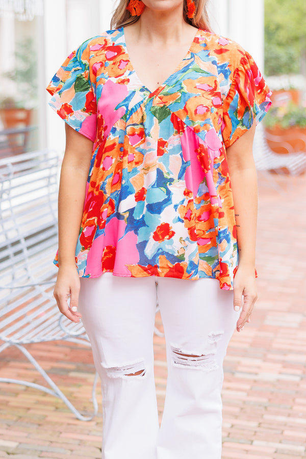 Chic Soul plus size clothing, multicolor floral pattern flowy top with flutter sleeves