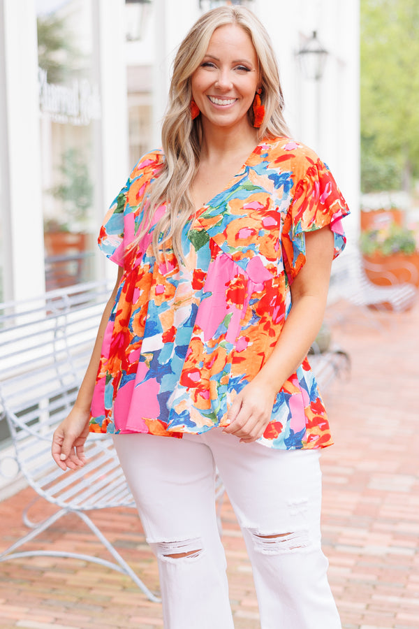 Chic Soul plus size clothing, multicolor floral pattern flowy top with flutter sleeves