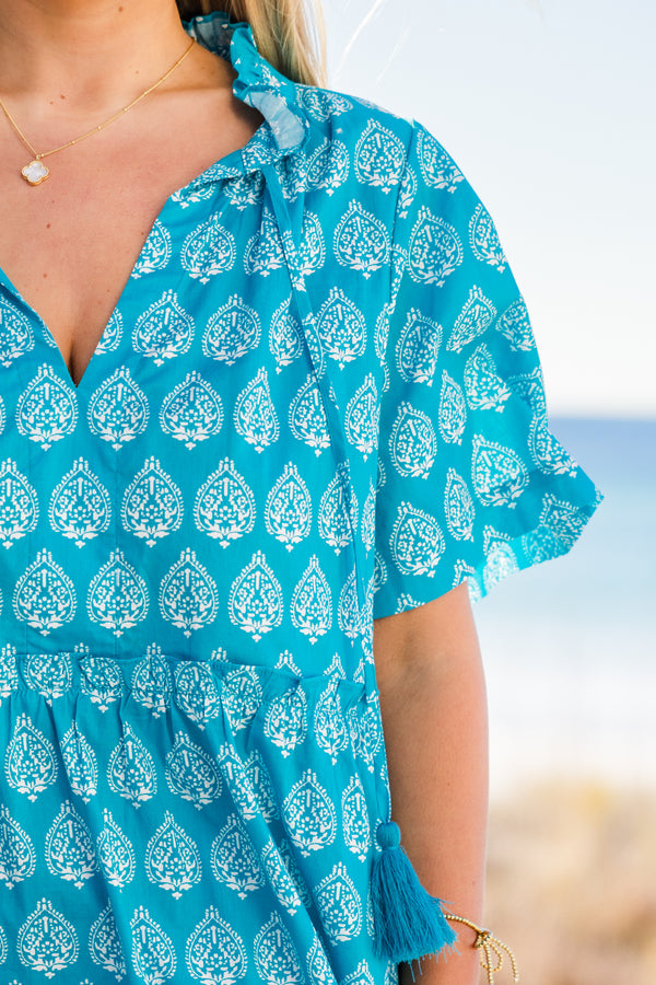 Chic Soul plus size clothing, short-sleeve blue damask patterned dress with a split-v-neckline and a ruffled tiered skirt 