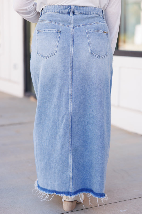 Chic Soul plus size clothing, light wash denim skirt midi length with slit that starts at the knee multi colored denims