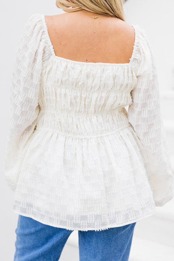 Chic Soul plus size clothing, long sleeve ivory babydoll top with square neckline and elastic balloon sleeves