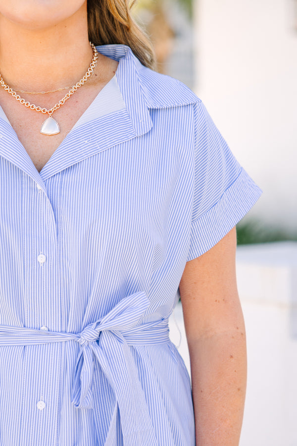 Chic Soul plus size clothing, blue and white striped short sleeve button up collar dress with tie belt at the waist 