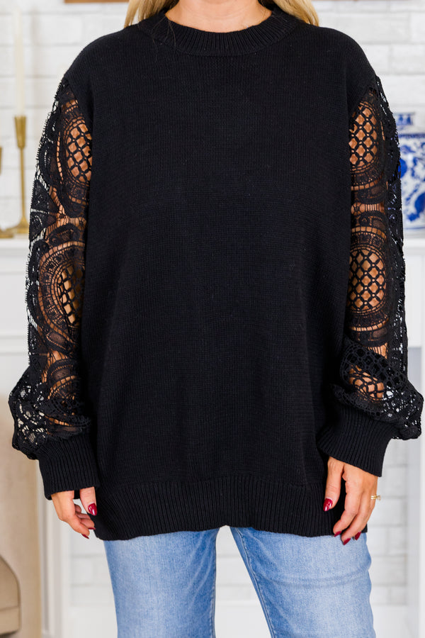 Chic Soul plus size clothing, black long sleeve sweater top with eyelet floral sleeves with ribbed knit cuff sleeves with round neckline