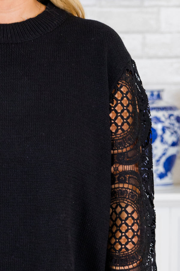 Chic Soul plus size clothing, black long sleeve sweater top with eyelet floral sleeves with ribbed knit cuff sleeves with round neckline