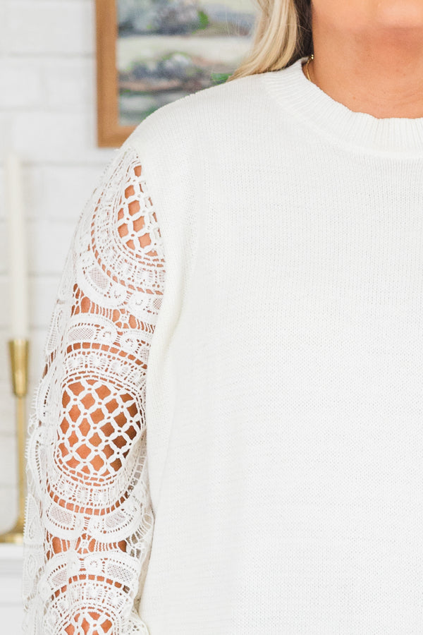 Chic Soul plus size clothing, long-sleeve white crewneck knit sweater with crochet sleeve detailing