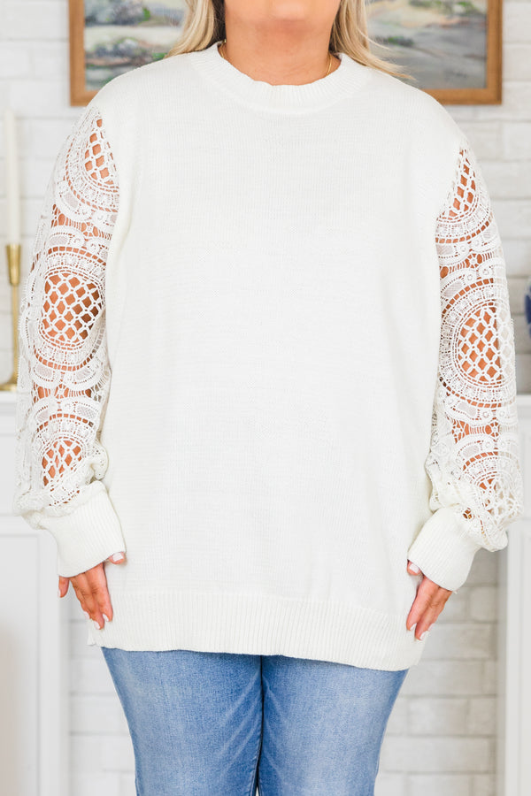 Chic Soul plus size clothing, long-sleeve white crewneck knit sweater with crochet sleeve detailing