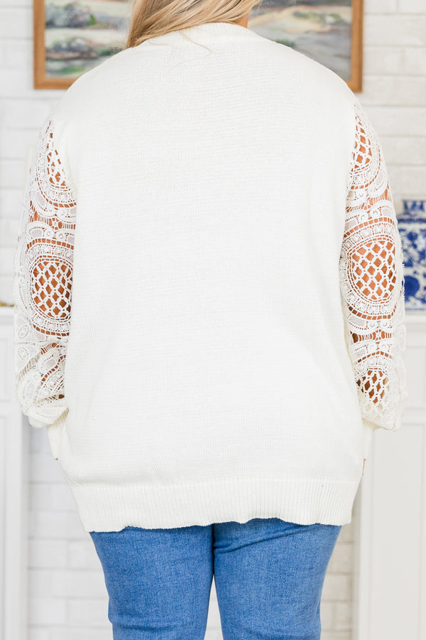 Chic Soul plus size clothing, long-sleeve white crewneck knit sweater with crochet sleeve detailing