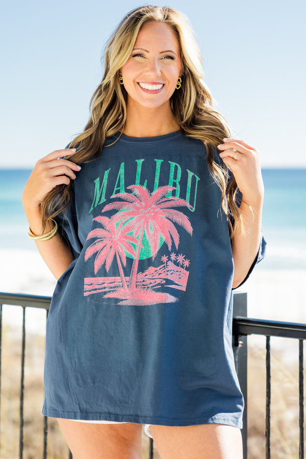  Chic Soul plus size clothing, short-sleeve navy blue boyfriend tee with a high-scoop-neckline and graphic art of a pink palm tree with green arched lettering stating 