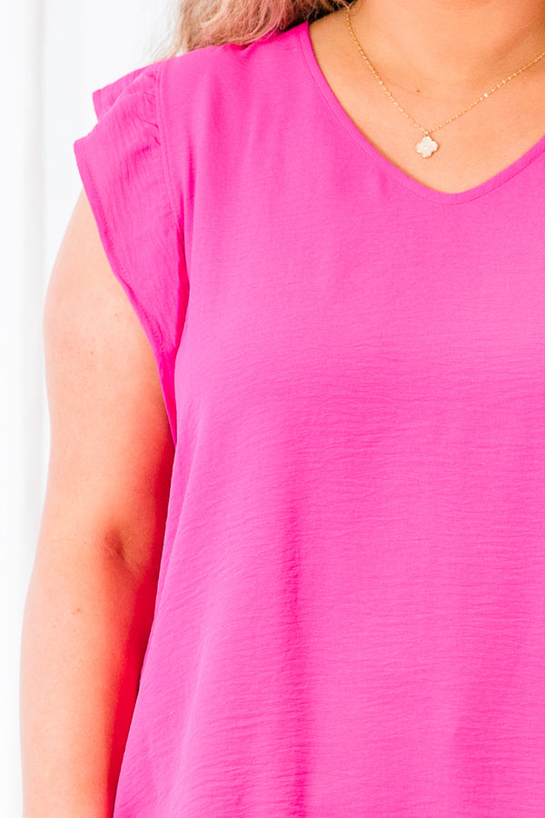 Chic Soul plus size clothing, fuchsia short sleeve top with v neckline and ruffle along sleeves