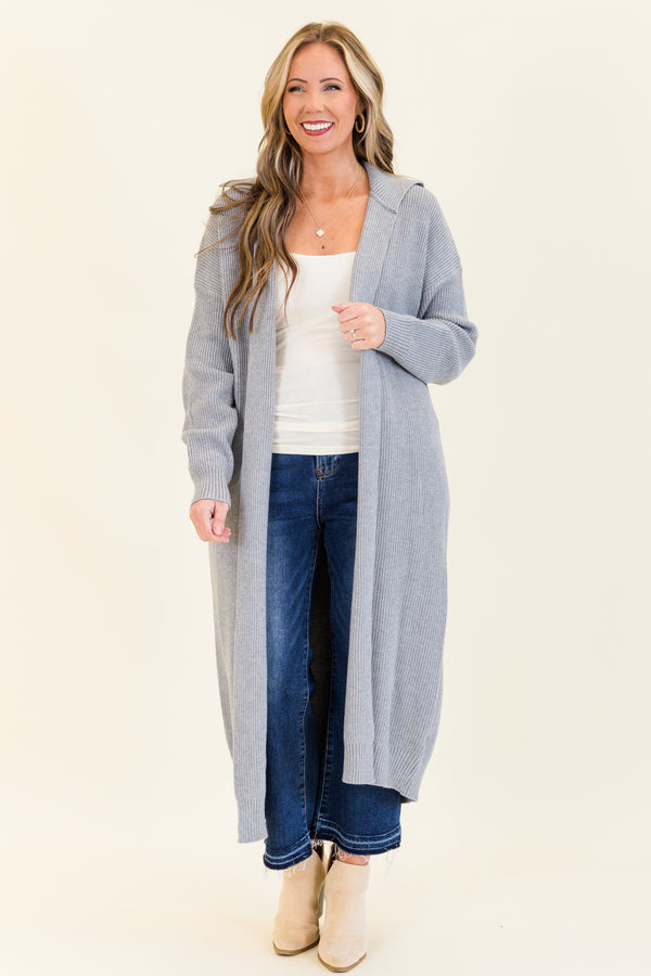 Chic Soul plus size clothing, gray long sleeve knit cardigan calf length with collar detail 