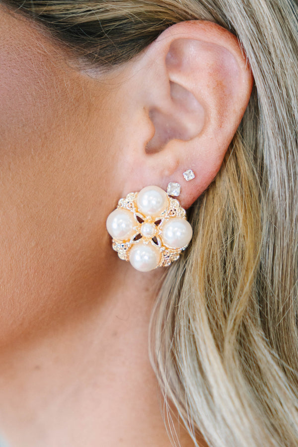 Gold Marigold Muse floral earrings with pearls and crystal studs.