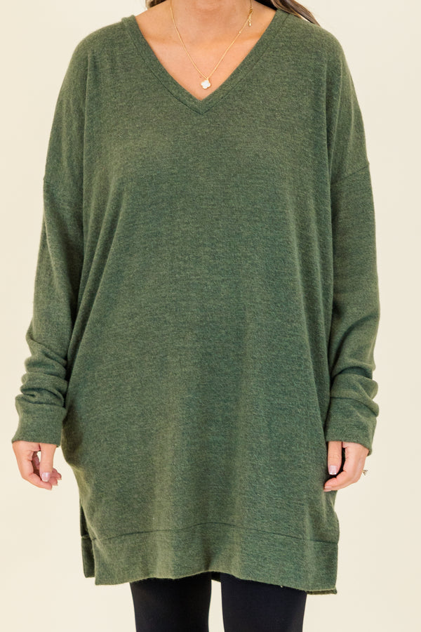 Chic Soul plus size clothing, olive colored slight v neck top longer length