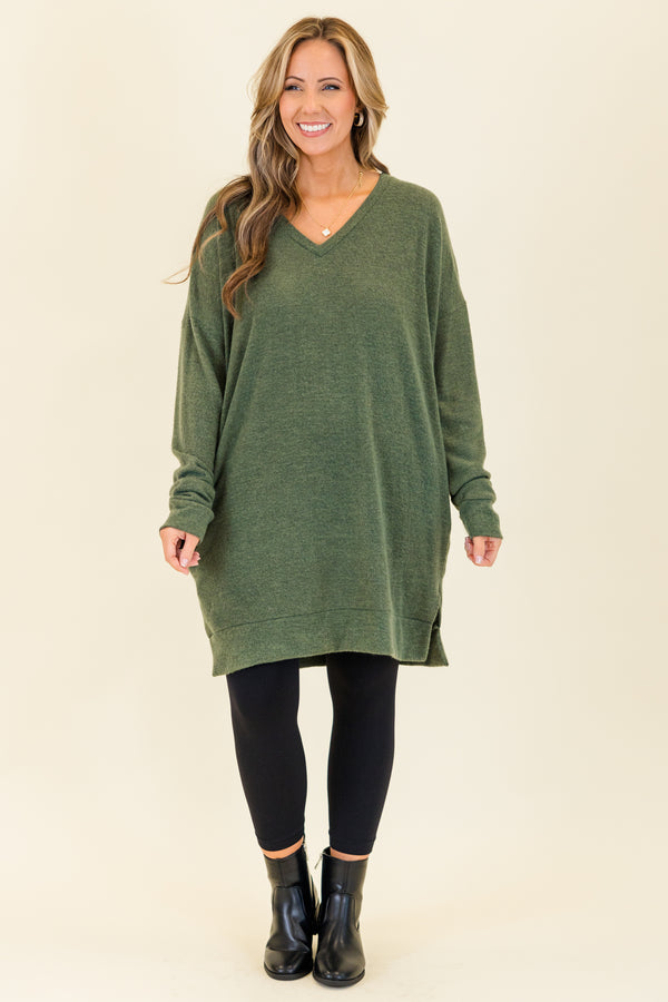 Chic Soul plus size clothing, olive colored slight v neck top longer length