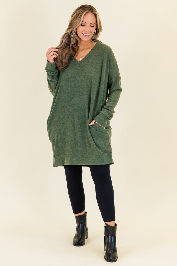 Chic Soul plus size clothing, olive colored slight v neck top longer length