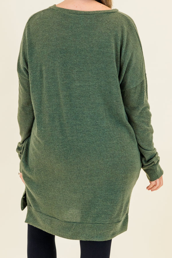 Chic Soul plus size clothing, olive colored slight v neck top longer length