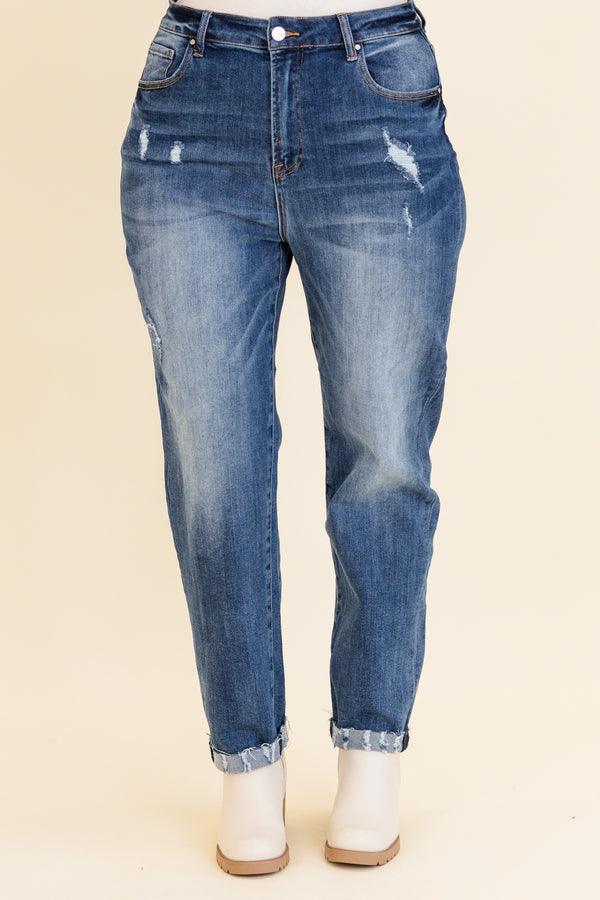 Chic Soul plus size clothing, medium wash straight leg jeans with light distressing along hem with light distressing on hips 
