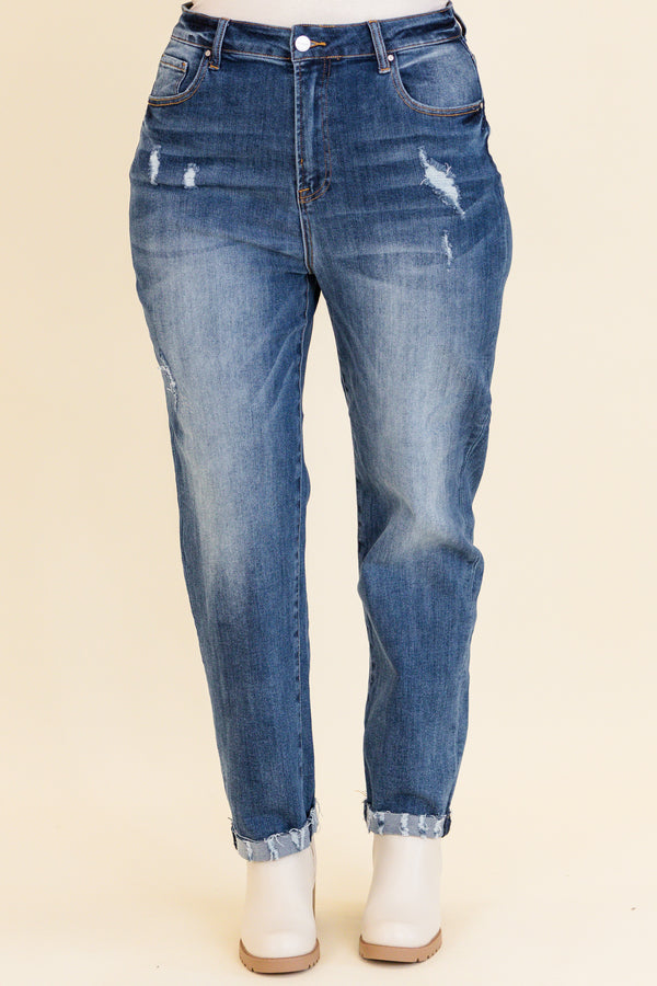 Chic Soul plus size clothing, medium wash straight leg jeans with light distressing along hem with light distressing on hips 