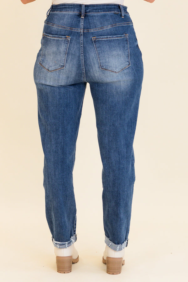 Chic Soul plus size clothing, medium wash straight leg jeans with light distressing along hem with light distressing on hips 