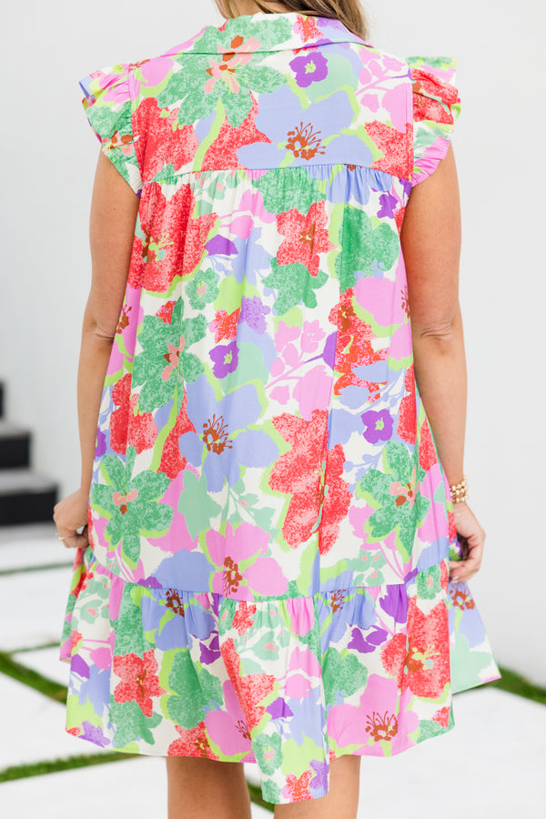 Chic Soul plus size clothing, cream short sleeve mini dress with large multi color floral detail with v neck and collar detail with flare sleeves with ruffle along the bottom