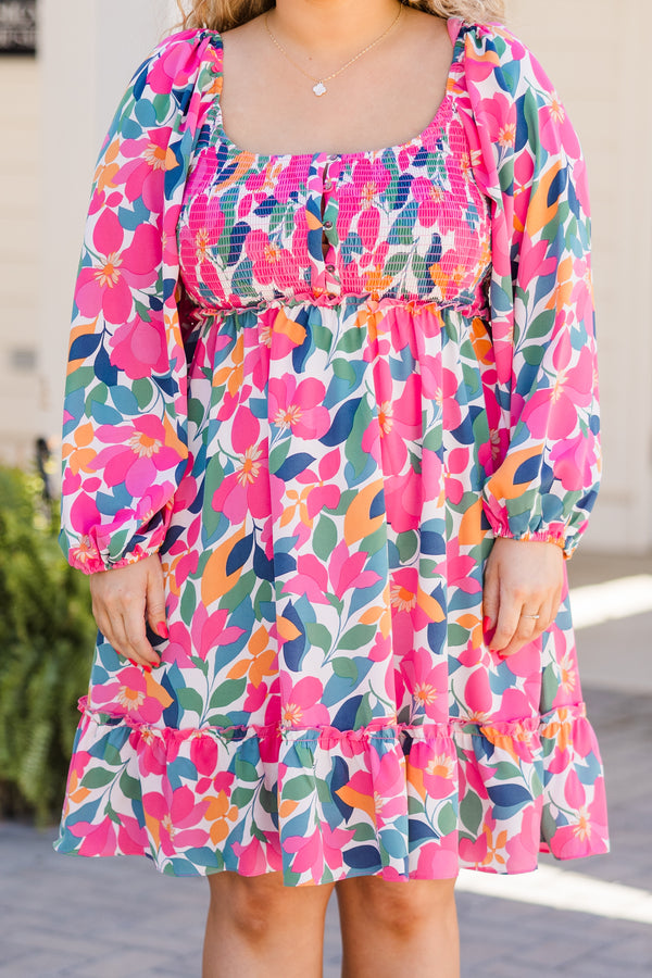 Chic Soul plus size clothing, pink floral long sleeve short dress with smocked detailing