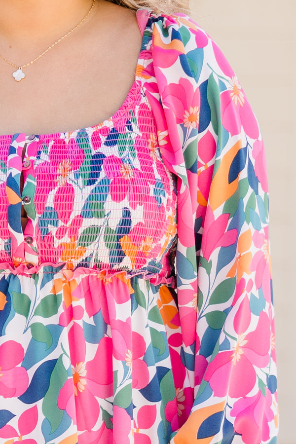 Chic Soul plus size clothing, pink floral long sleeve short dress with smocked detailing