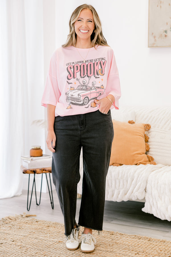 Chic Soul plus size clothing, dusty pink short sleeve boyfriend tee with text 