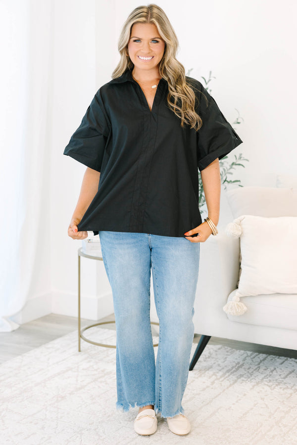 Plus Size black 100% cotton top with a V-neckline, collar, and oversized short sleeves.