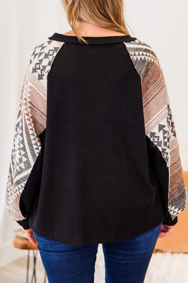 Chic Soul plus size clothing, long-sleeve balloon sleeve black comfy top with color-block tan and brown aztec patterned sleeves