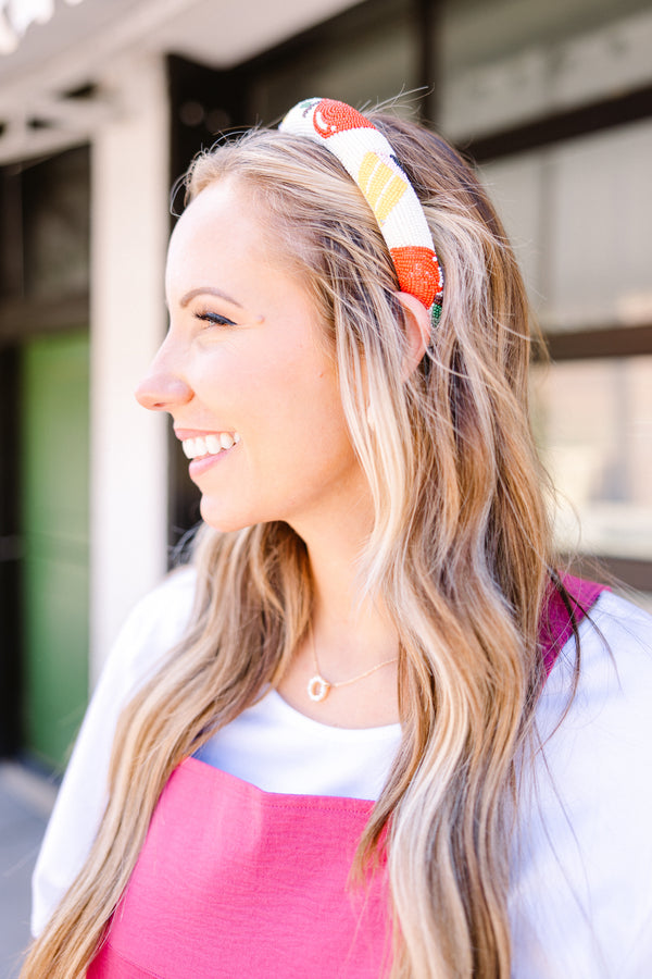 Chic Soul plus size clothing, ivory beaded headband with apple and pencil designs