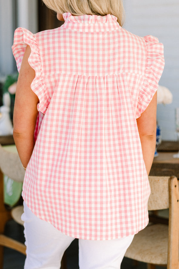 Chic Soul plus size clothing, short-flutter-sleeve light pink gingham top with a collar and a split-v-neckline 