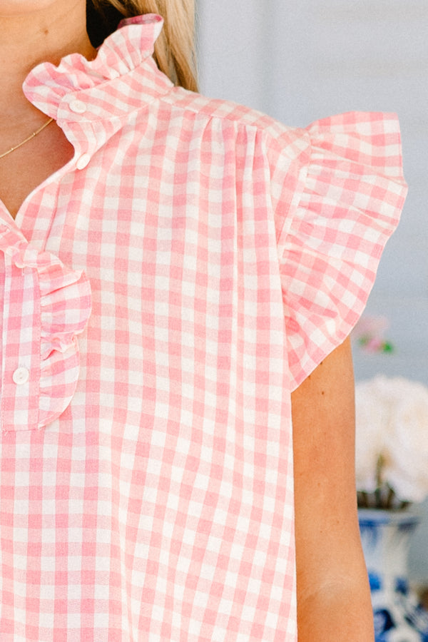 Chic Soul plus size clothing, short-flutter-sleeve light pink gingham top with a collar and a split-v-neckline 