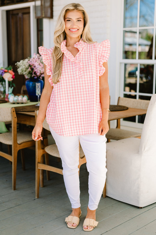 Chic Soul plus size clothing, short-flutter-sleeve light pink gingham top with a collar and a split-v-neckline 