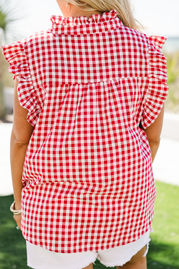 Chic Soul plus size clothing, red gingham short sleeve top with v cutout along neckline with ruffle collar detail and ruffle along sleeves