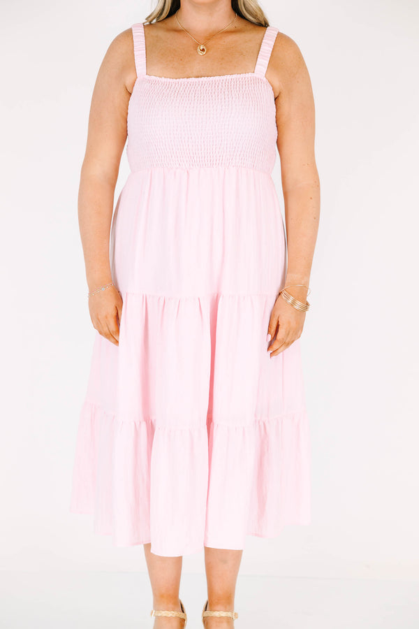 Chic Soul plus size clothing, light pink tiered midi dress with a smocked bodice