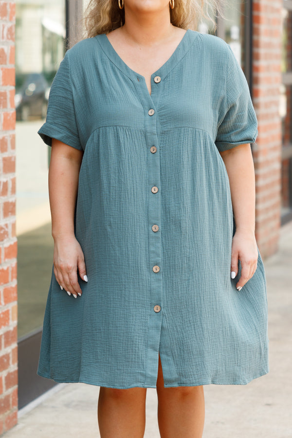 Chic Soul plus size clothing, hunter blue textured babydoll dress with button down details