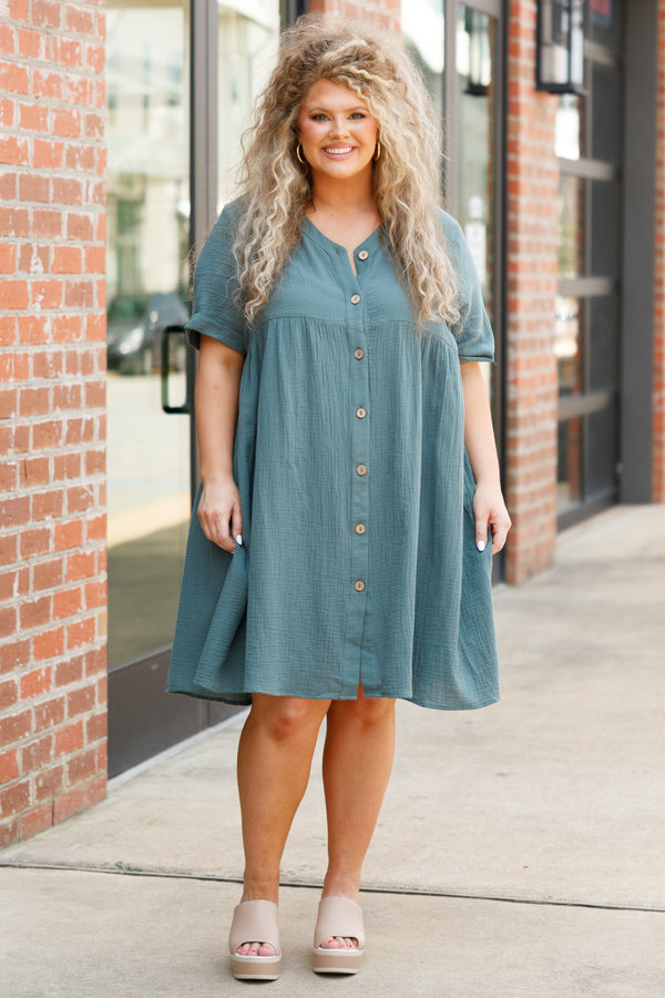 Chic Soul plus size clothing, hunter blue textured babydoll dress with button down details