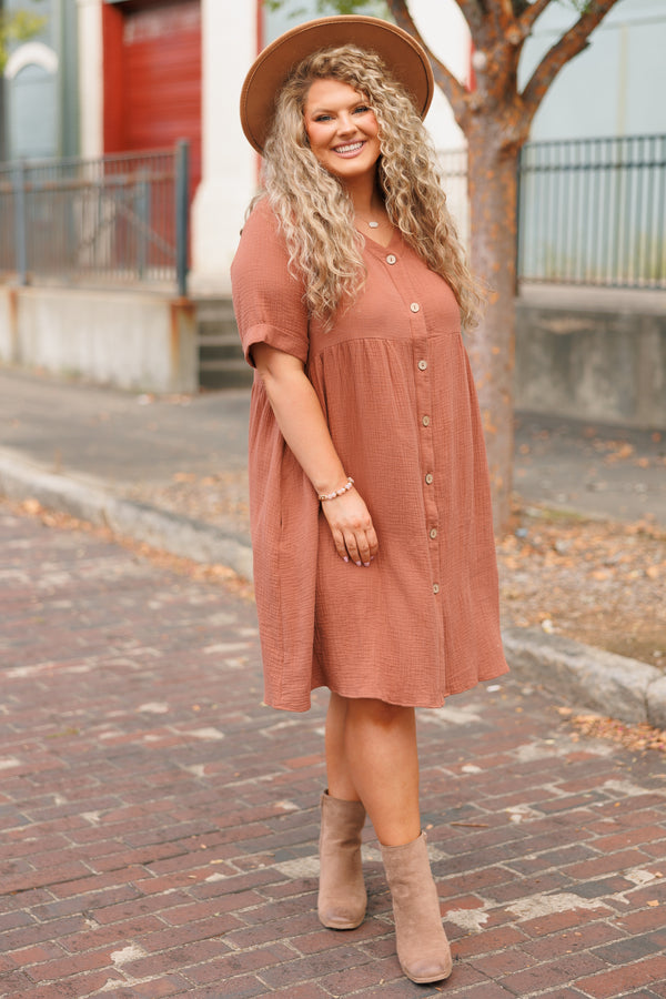 Chic Soul plus size clothing, meerkat babydoll flowy dress with button down details and pre cuffed sleeves