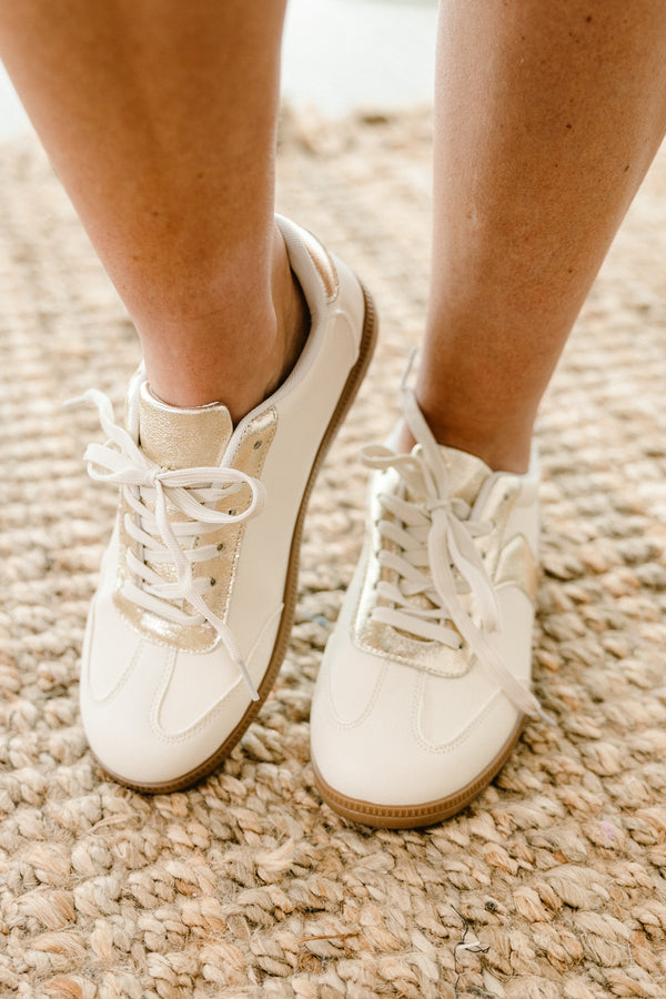 Chic Soul plus size clothing, gold and off white lace up tennis shoes with brown sole
