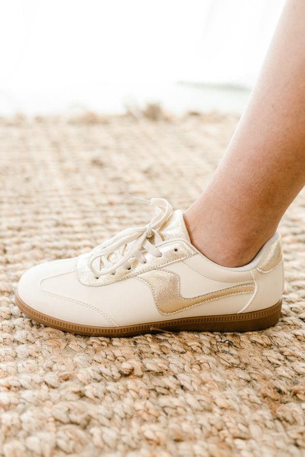 Chic Soul plus size clothing, gold and off white lace up tennis shoes with brown sole
