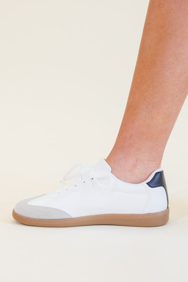 Chic Soul plus size clothing, white low top sneakers with brown bottom and black detail on the back and brown v detail on the side