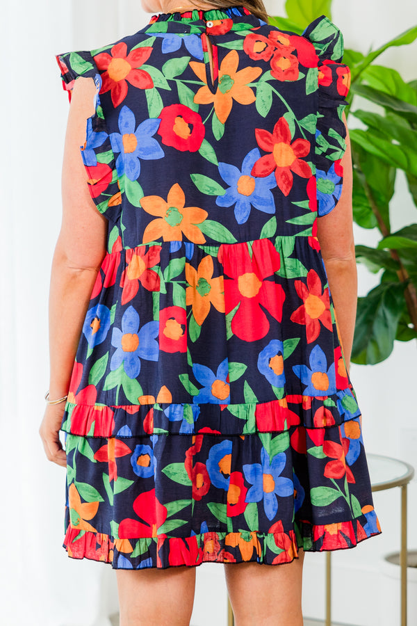 Chic Soul plus size clothing, flowy navy dress with ruffled sleeves and red, green and yellow floral details