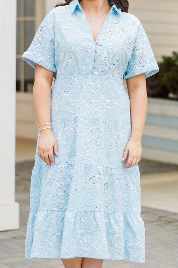 Chic Soul plus size clothing, short sleeve collared blue dress with white eyelet floral pattern