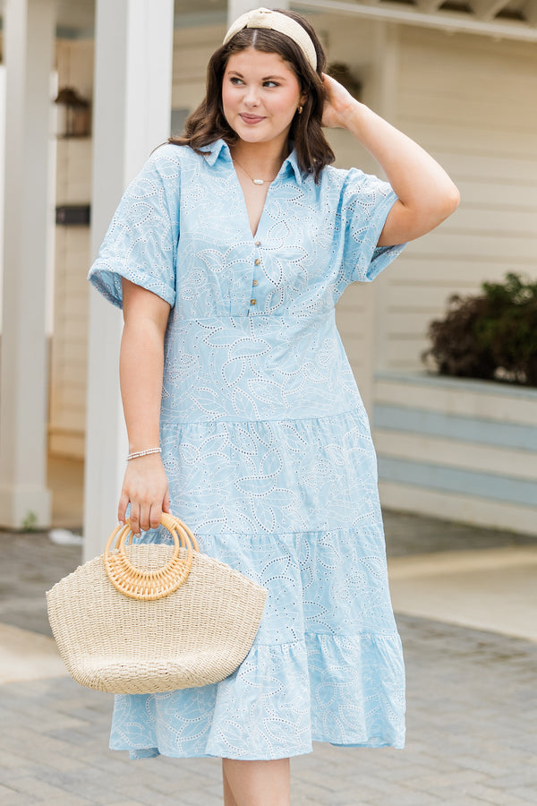 Chic Soul plus size clothing, short sleeve collared blue dress with white eyelet floral pattern