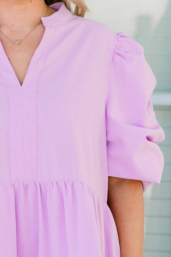 Chic Soul plus size clothing, lavender short sleeve tiered mini dress with v cutout along neckline with puff sleeves