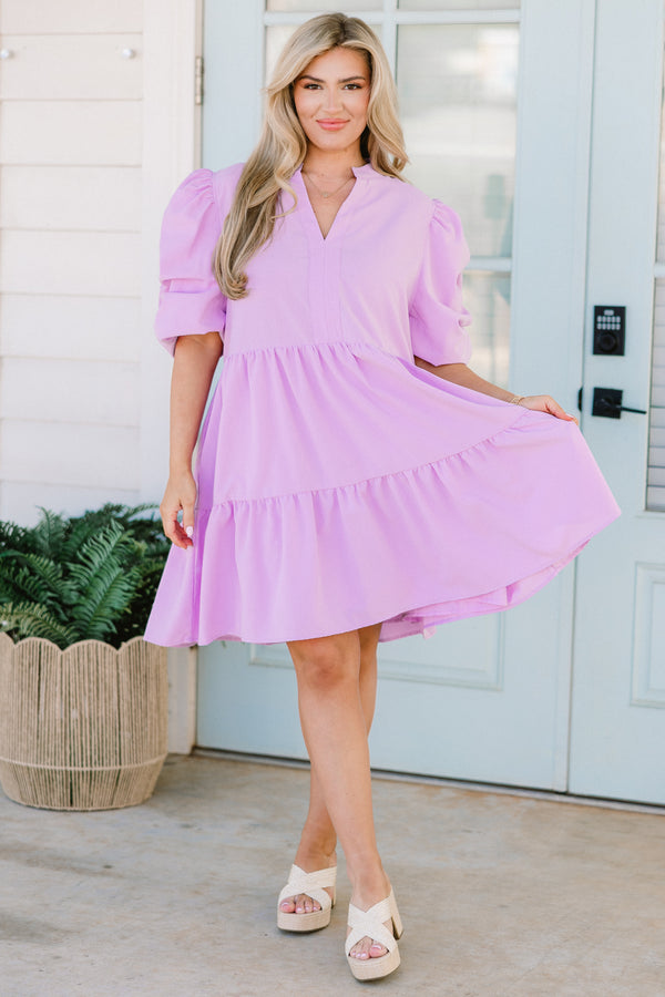 Chic Soul plus size clothing, lavender short sleeve tiered mini dress with v cutout along neckline with puff sleeves