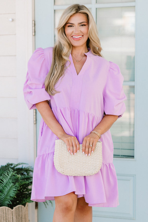 Chic Soul plus size clothing, lavender short sleeve tiered mini dress with v cutout along neckline with puff sleeves