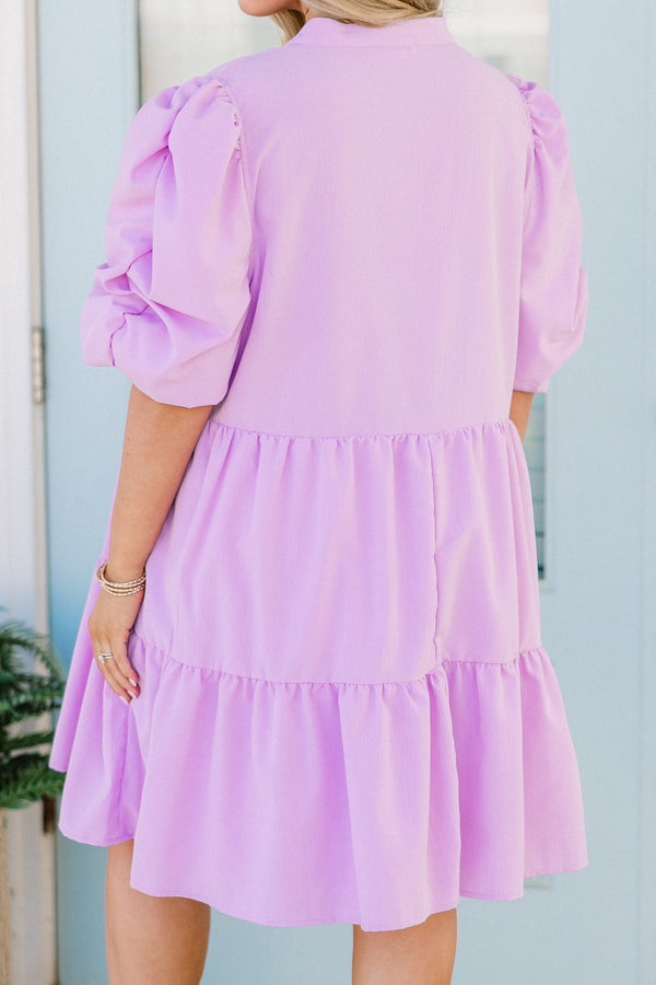 Chic Soul plus size clothing, lavender short sleeve tiered mini dress with v cutout along neckline with puff sleeves