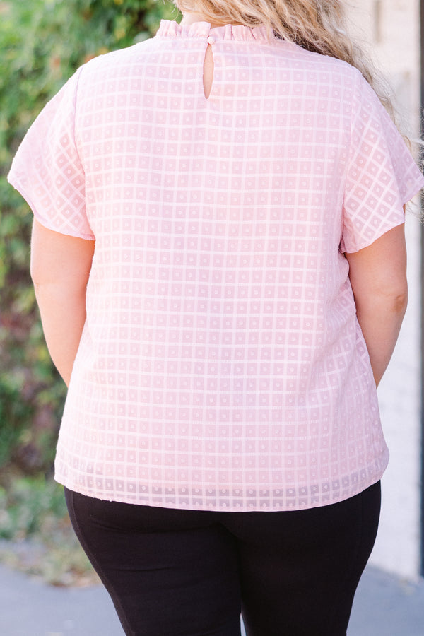 Chic Soul plus size clothing,  short-sleeve pink high-neckline layered top with smocked halter-neckline and geometric square plaid pattern