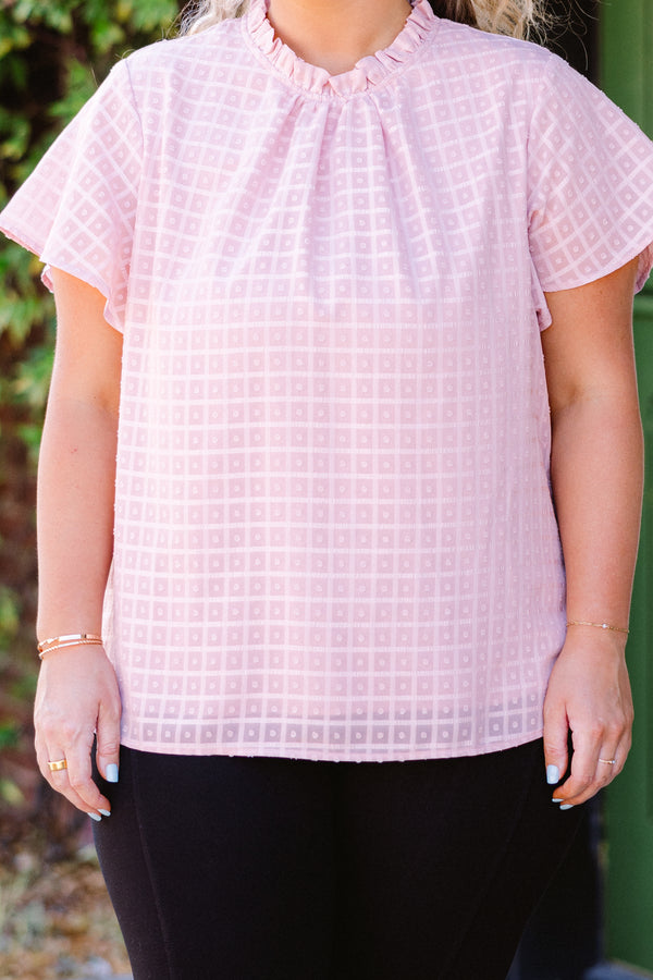 Chic Soul plus size clothing,  short-sleeve pink high-neckline layered top with smocked halter-neckline and geometric square plaid pattern